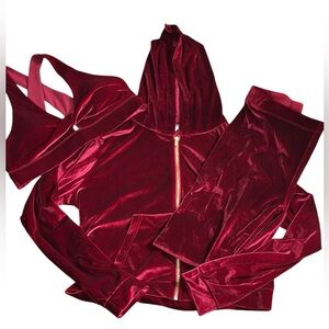 A387 FABLETICS 3 PC SET Velour Sports Bra Leggings Jacket Cherry Maroon Sz XL